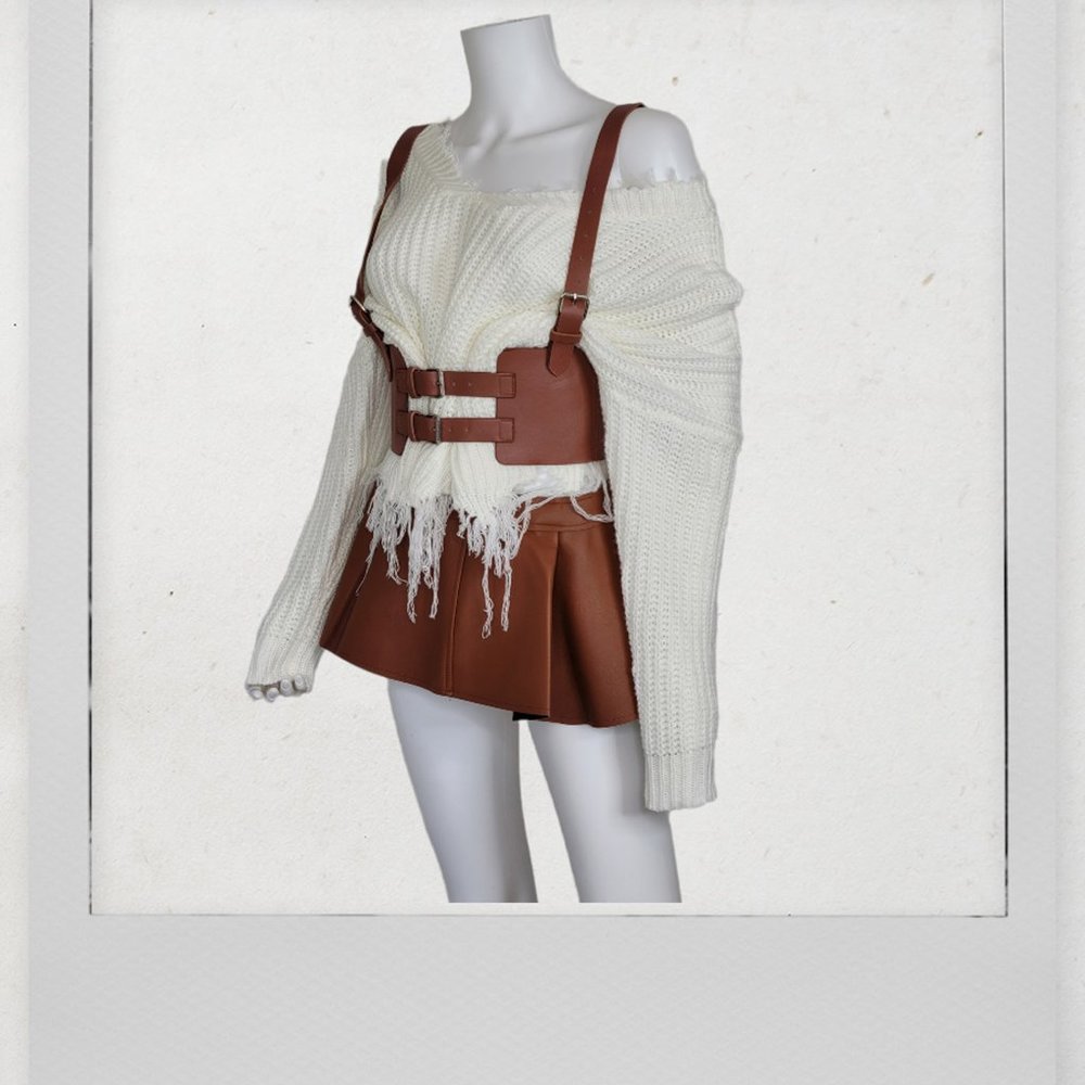 Leather Vintage Style Suspender Belt, Distressed Sweater, and Peplum Skirt